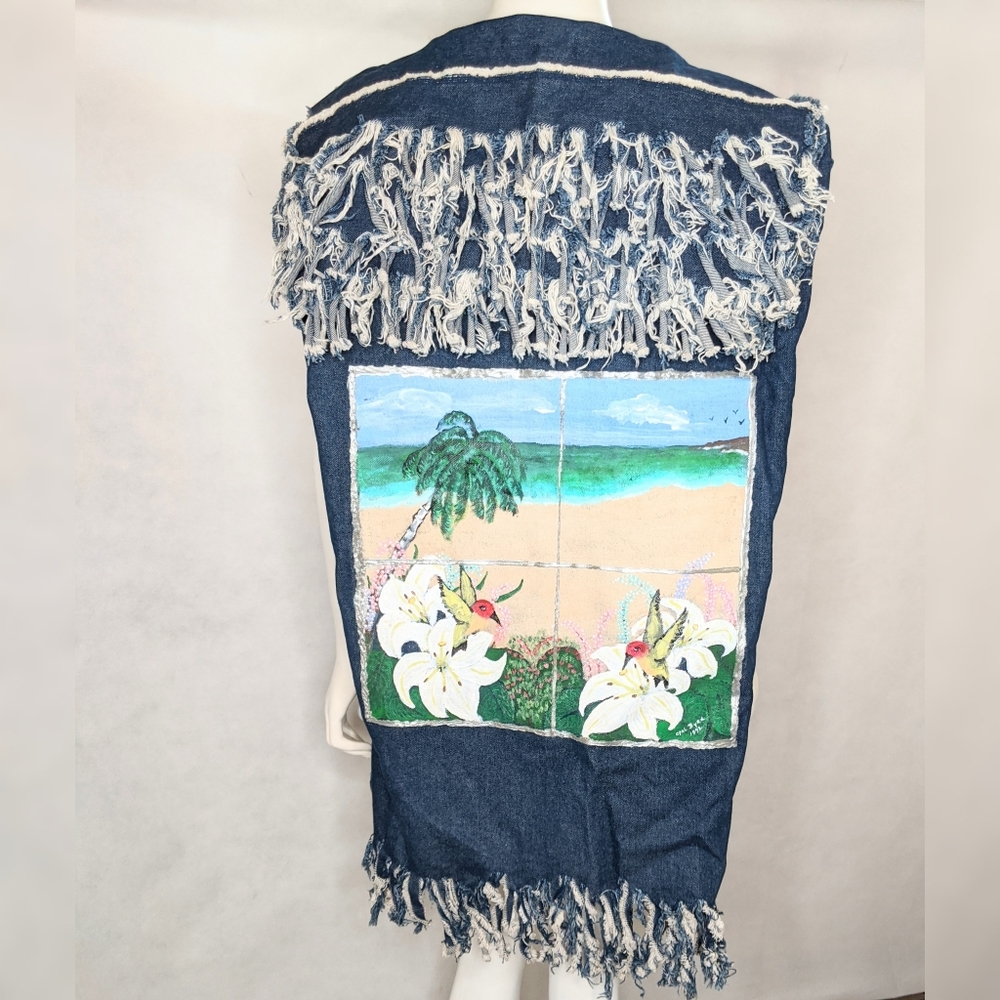 Tropical Beach Hand Painted Denim Vest Boho Fringe